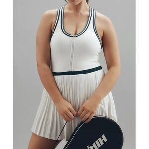 Varley Jane Court Dress NWT 1X White Forest Green Pleated Tennis Prep Golf Dress